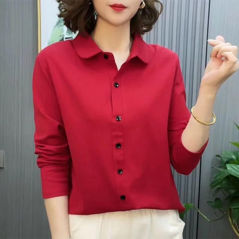 Lapel Women's Fashionable Solid Color New Polo Neck Long-sleeved Top Middle-aged Mother's Spring and Autumn Slimming and Age-reducing Shirt