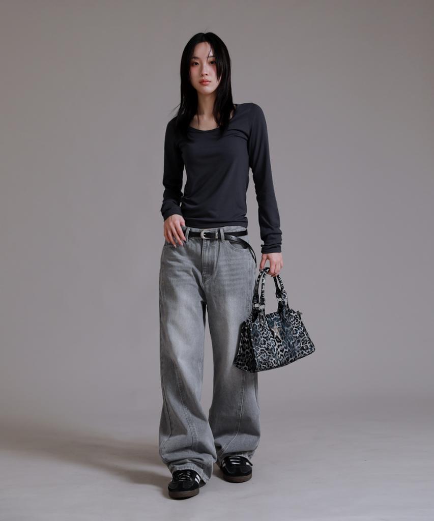 LIKE THE MOST U Round Basic Long Sleeve T-Shirt_Charcoal