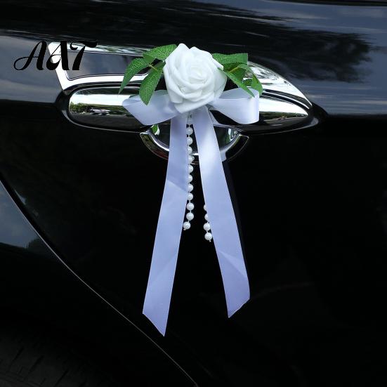 Romantic Wedding Car Decor Artificial White Rose Decoration, Door Handle & Rearview Mirror Flower Bouquet All Weather Set with Satin Ribbon