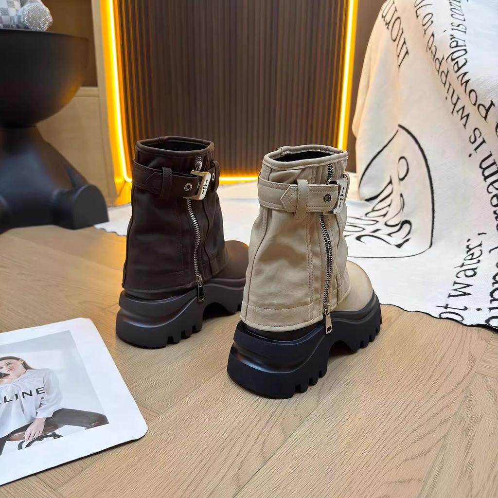 Thick-soled Martin boots women's 2025 new British style heightening short boots spring and autumn single boots retro stacking boots pants tube boots