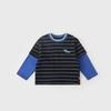 2026 Autumn Striped Color Block Boys' Faux Two-Piece Casual T-shirt