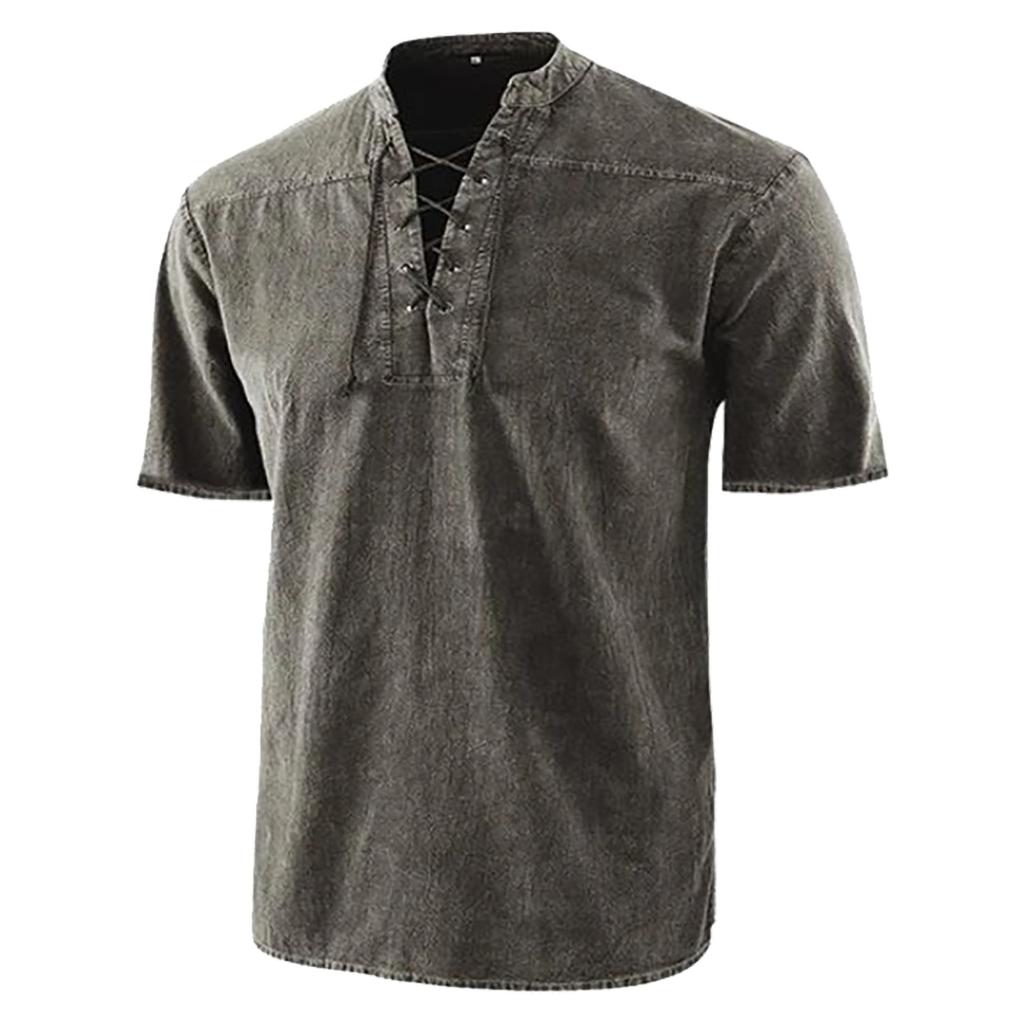 Men's Casual, Fashionable, Retro Lace-up Stand-up Collar Pullover Short-sleeved Top