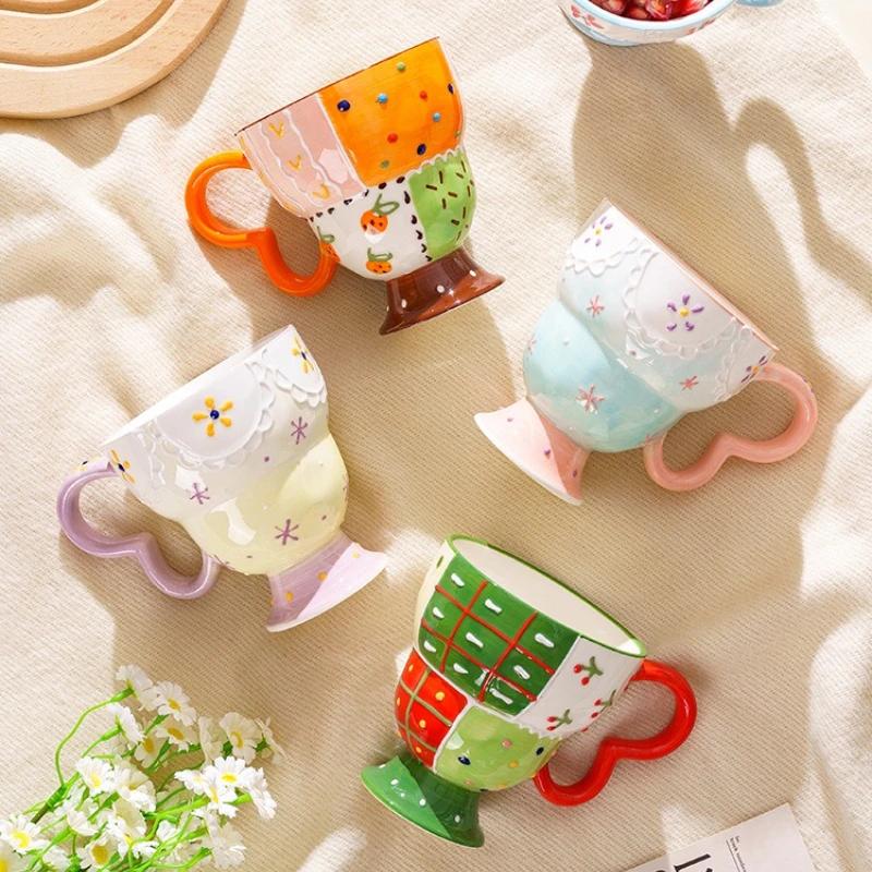 Tazza in Ceramica Carina Dipinta a Mano con Rilievo Tazza da Caffè Elegante Chic Tazza per Latte Avena Matcha Acqua Accessorio da Cucina Bicchieri Regalo