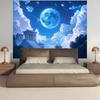2D Mystical East Asian Background Cloth, Magical Blue Moon Over Ancient Pavilion Wall Decor