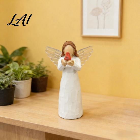 Artistic Bookshelf Accent Red Bird Angel Figurine Resin Winged Holding Statue for Pastoral Home Decoration Bereavement Remembrance Sympathy Memorial