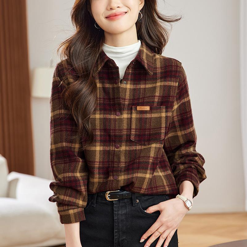 Tweed Thick Plaid Shirt for Women In Spring New Korean Retro Loose Casual Versatile Shirt for Women