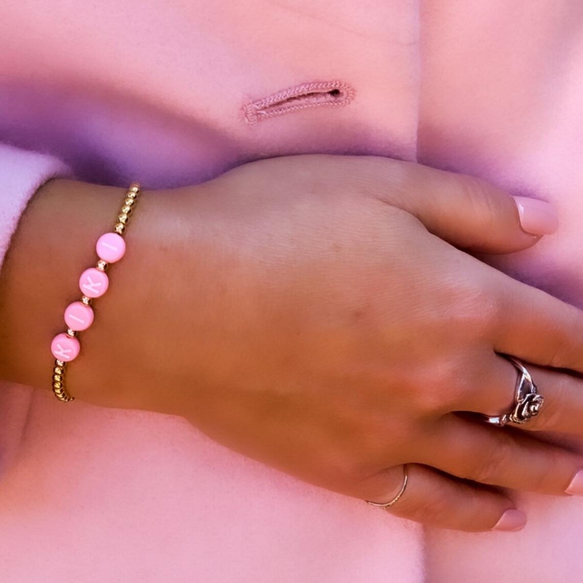 

Vlen Pink Customize Letter Name Bracelet for Women 18 K. Golden Plated Beads Bracelets Personalized Jewelry Strand Pulseras Customize Letter