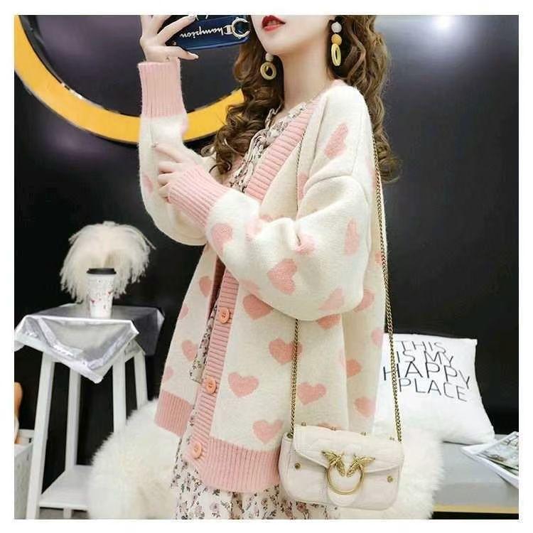 Oversized Heart Design Knit Cardigan Korean Fashion Lazy Style Spring Autumn Winter Cozy Sweater Womens Outerwear