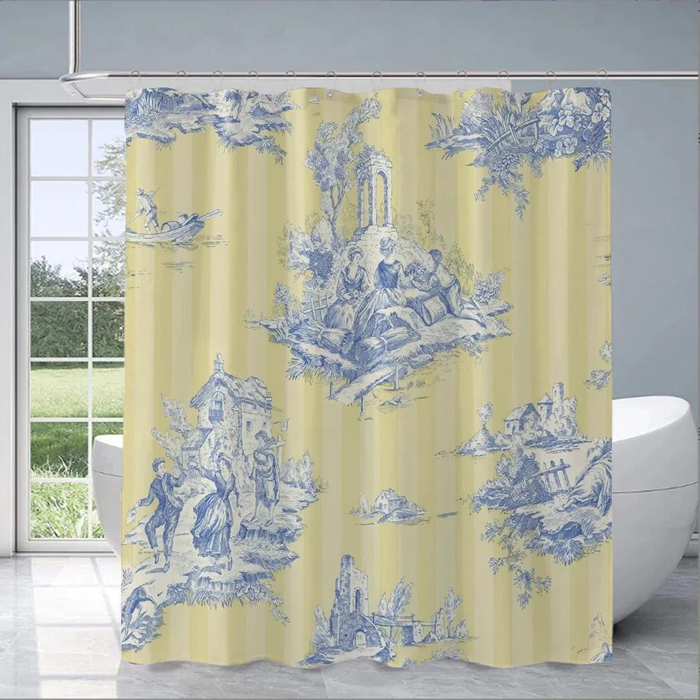 Rustic Countryside Toile Print Water-Resistant And Mildew-Resistant Shower Curtain With Classic Design For Bathroom Decor