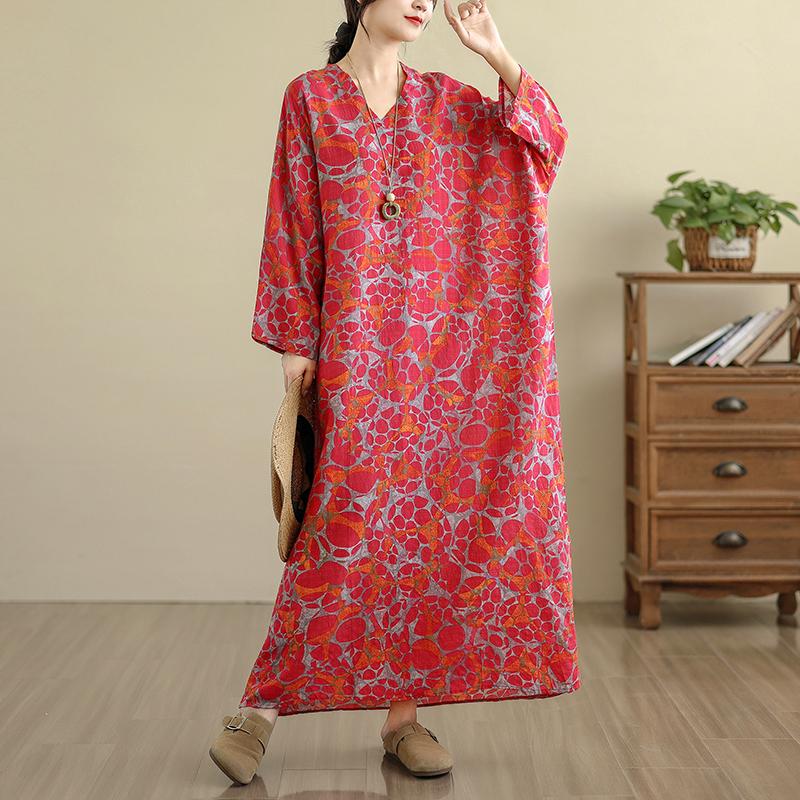 DIMANAF 2025 Women Plus Size Spring Long Dress Loose V-Neck Printing Vintage Casual Floral Oversize Long Sleeve 5034