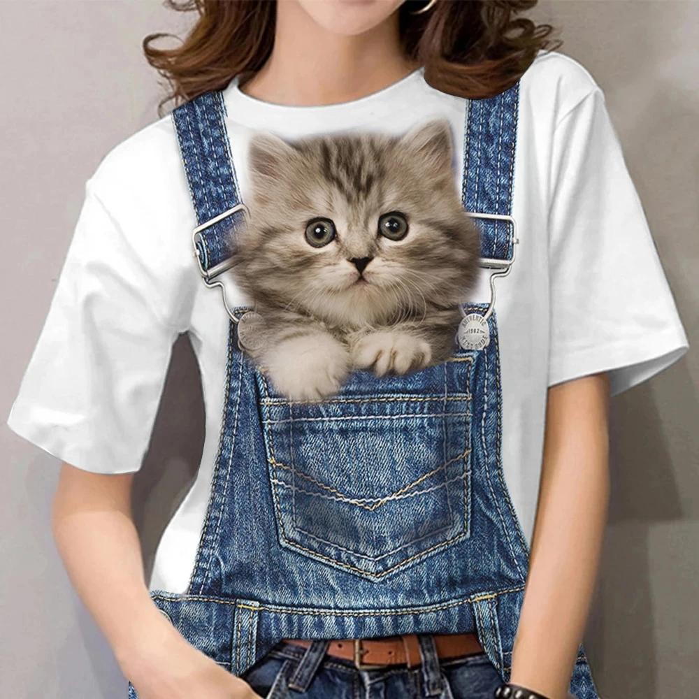 Animal 3D Fashion Cat Printed Shirt Women s Round Neck T-shirt 2XS