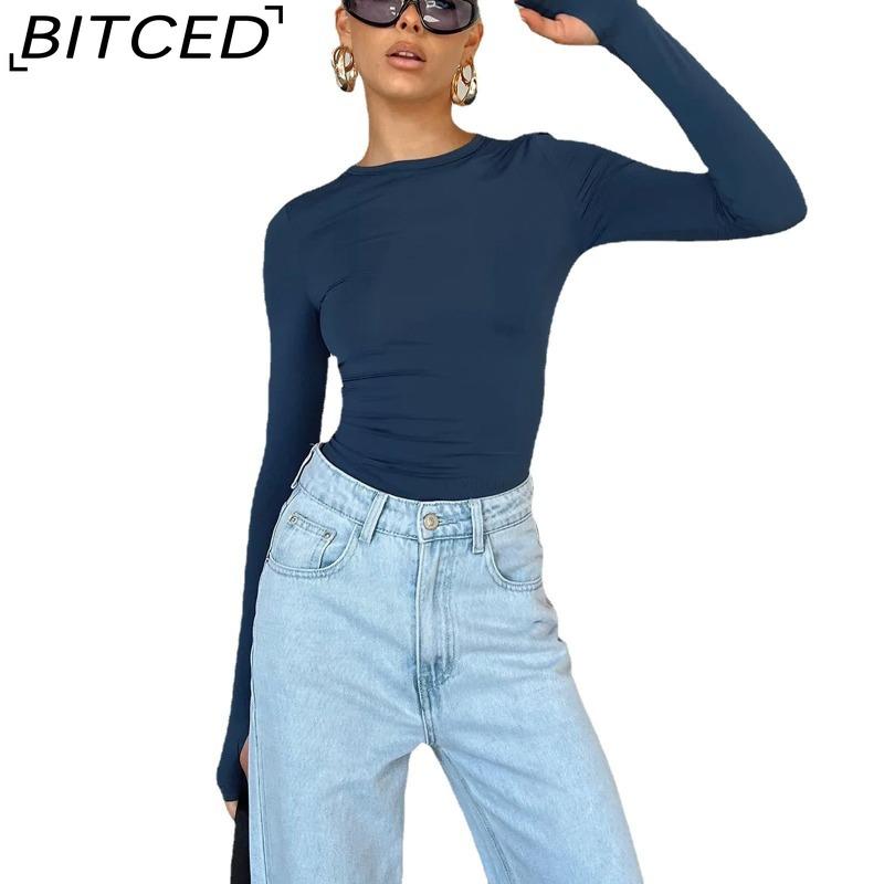 BITCED Women's Spring/Autumn T-Shirt Solid-Colour O-Neck Base Layer Slim-Fit Long-Sleeved Top