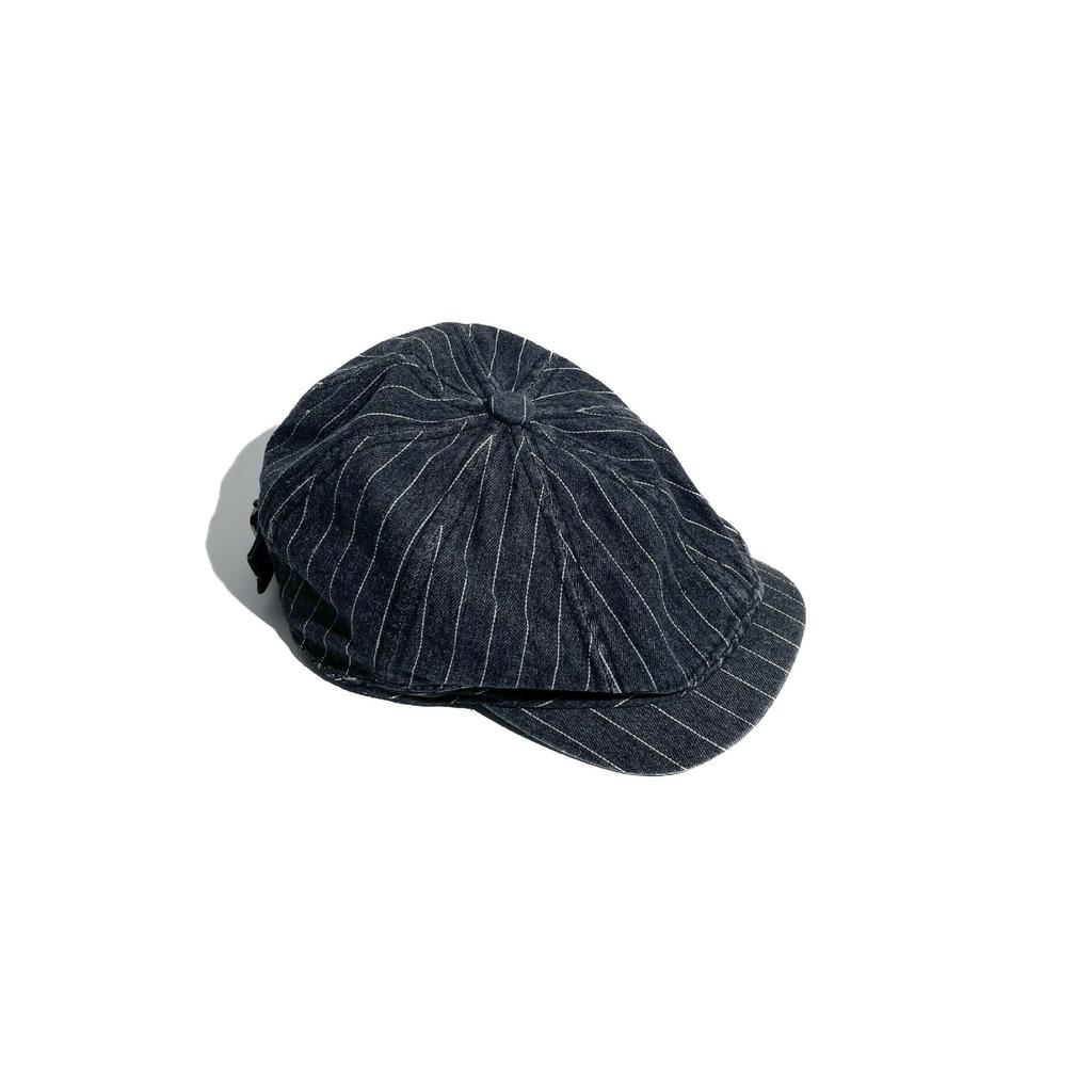 Washed cotton denim, artistic striped, eight-panel newsboy cap, unisex, British-style forward cap