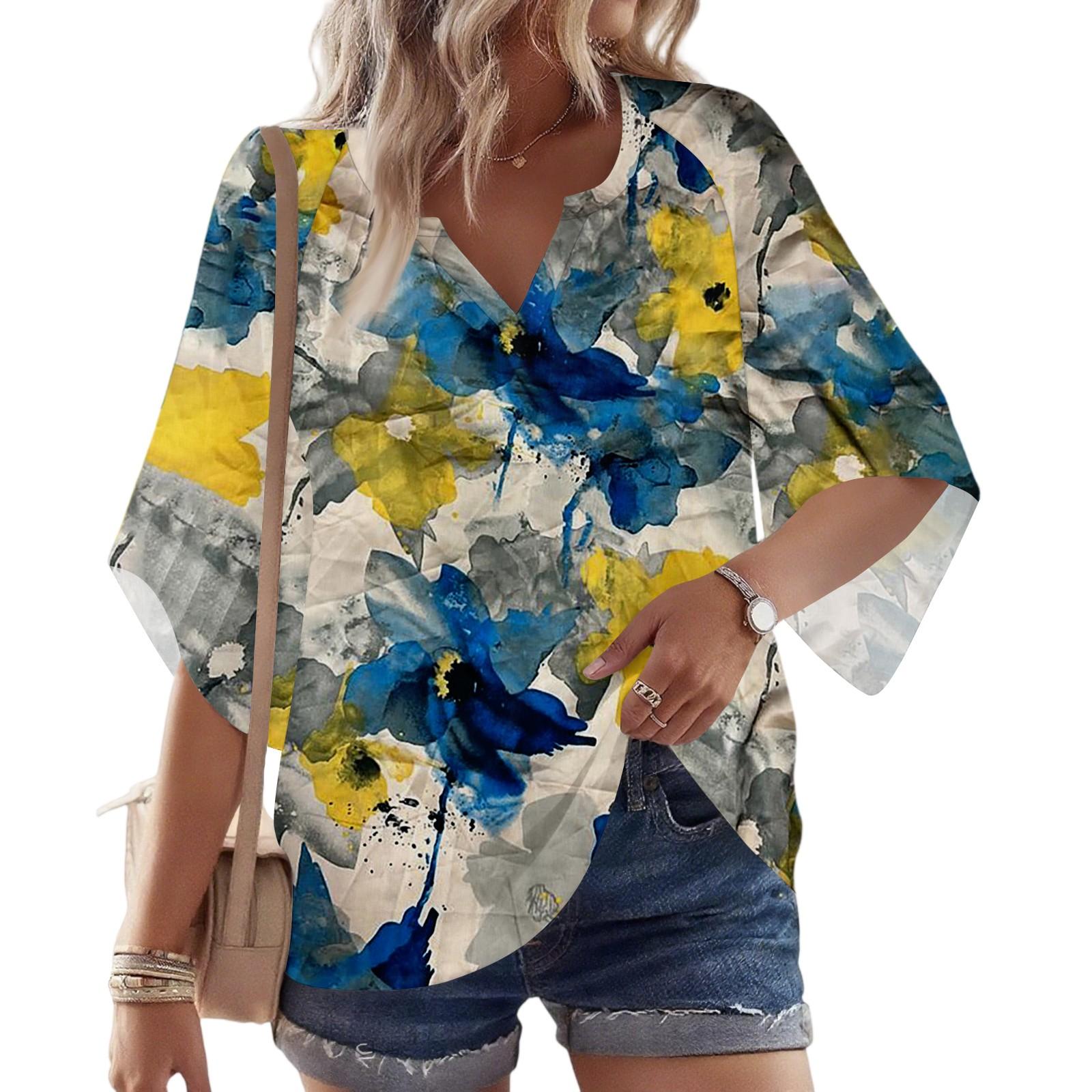 

Women s 3/4 Sleeve V Floral Shirt Casual Loose Tunic Top L чорний