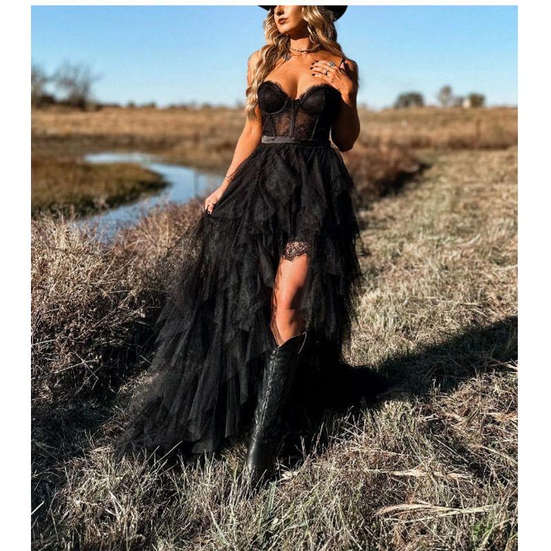 Summer New Style Mesh Lace Dress Pure Desire Sexy Strapless Long Dress Sexy Dress Party Black S