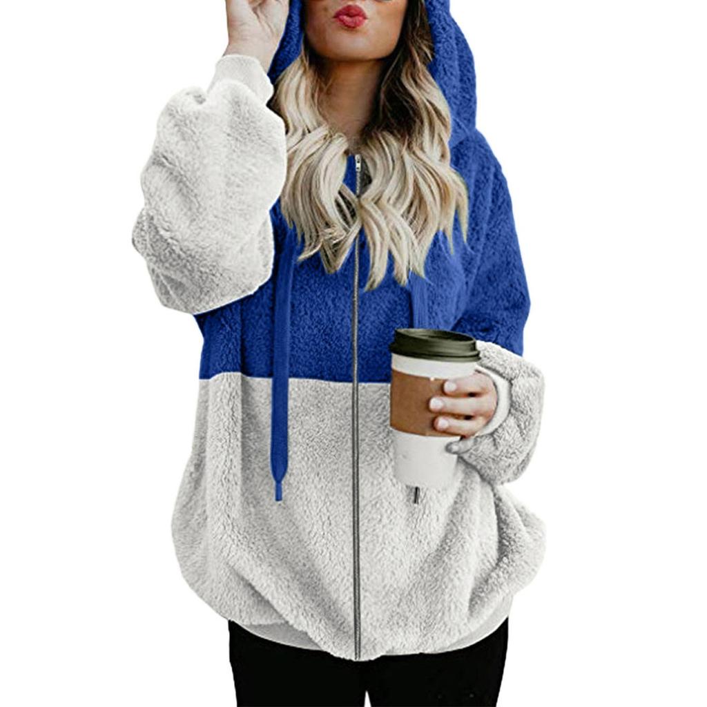 Women Hooded Sweatshirt Coat Winter Warm Zipper Pockets Cotton Coat Outwear