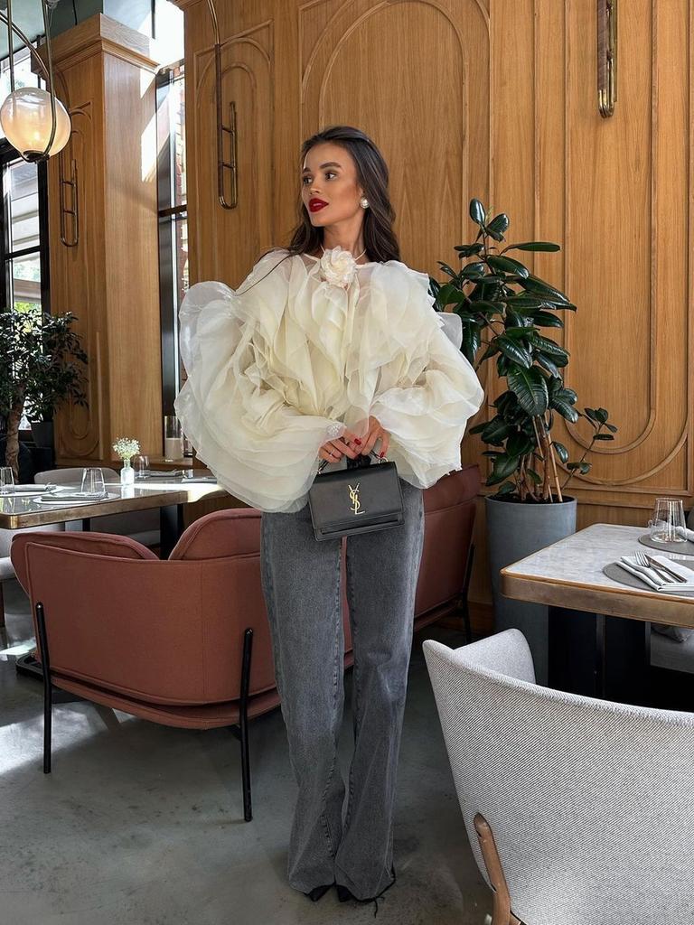 Round Neck Pullover Multi-Layer Ruffles Trim Women's Shirt Long Sleeve Short Style Round Collar Ear Edge Fashion Top for Women