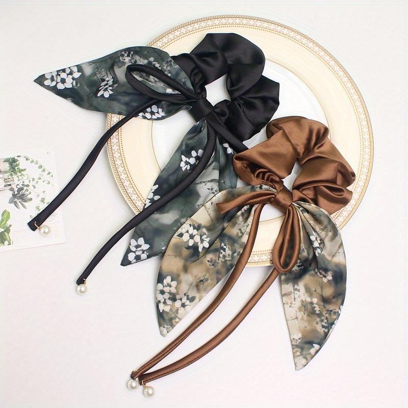 2Pcs Elegant Hair Tie with Bow, Ink Painting Design High Elasticity Hair Ring, Fashionable Band Headband for Women