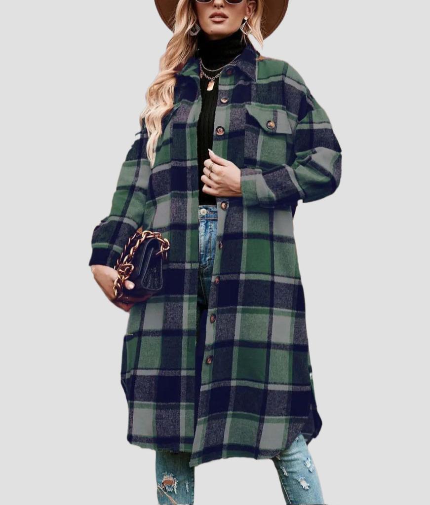 Women's Mid-Length Plaid Long Sleeve Loose Woolen Coat for Autumn/Winter, Plus Size