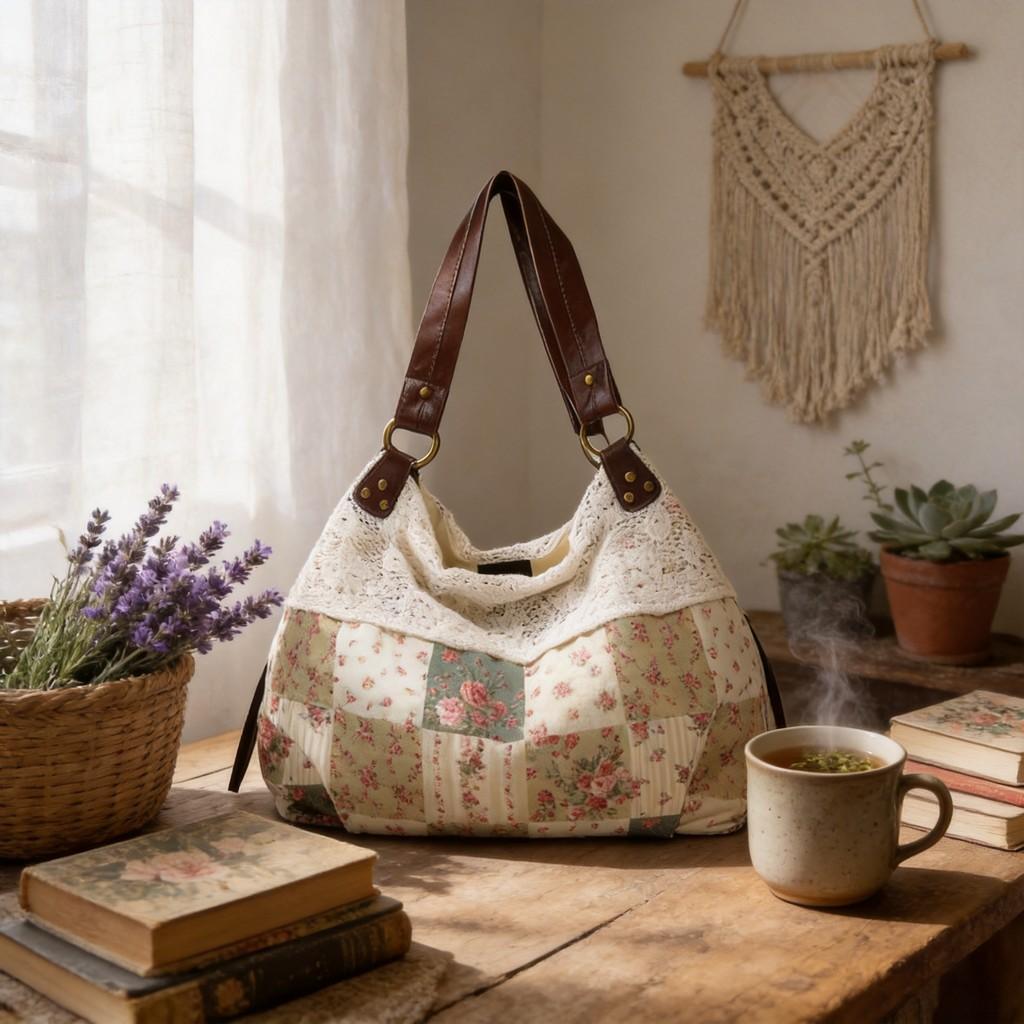 Casual Floral Cotton Patchwork Embroidered Bag For Daily Use With Lock Closure