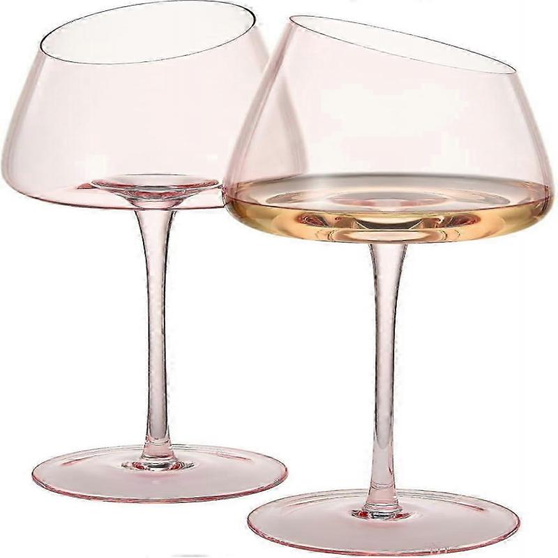 Pink Wine Glasses Set of 2 | 18oz Rose Blush Slanted Stemmed Glassware for Women, Gifts for Wife Girlfriend Birthday Wedding - JA