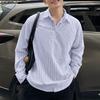 Men Lapel Neck Long Sleeve Striped Button Up Casual Shirts Tops