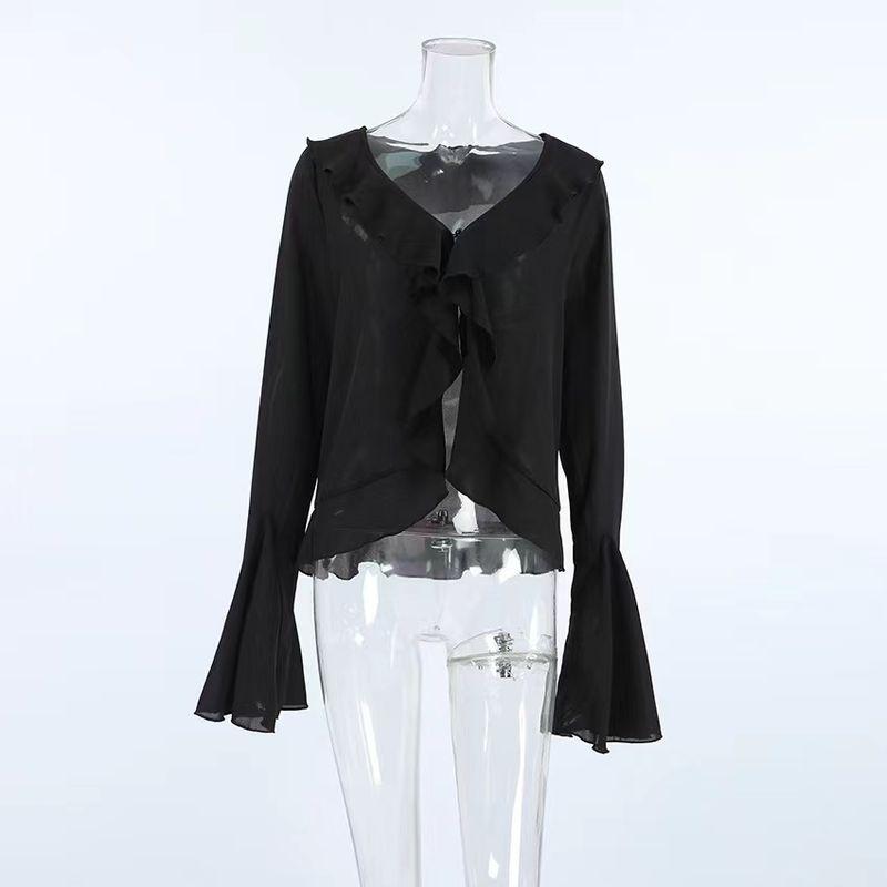 

Fashion Style Summer Black Sexy V-neck Chiffon See-through Shirt V-Neck Flared Sleeve Shirt Black S