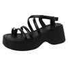Stylish Retro Simple Strap Rhinestone Cover Toe Slope Heel Slippers Women's Summer Casual Thick Sole with Skirt Sandals