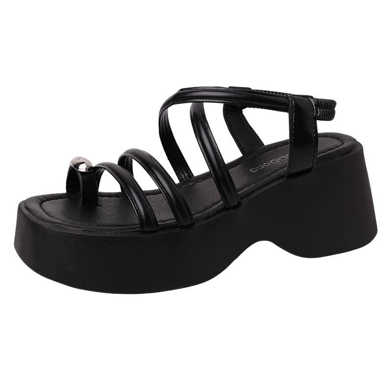 Stylish Retro Simple Strap Rhinestone Cover Toe Slope Heel Slippers Women's Summer Casual Thick Sole with Skirt Sandals
