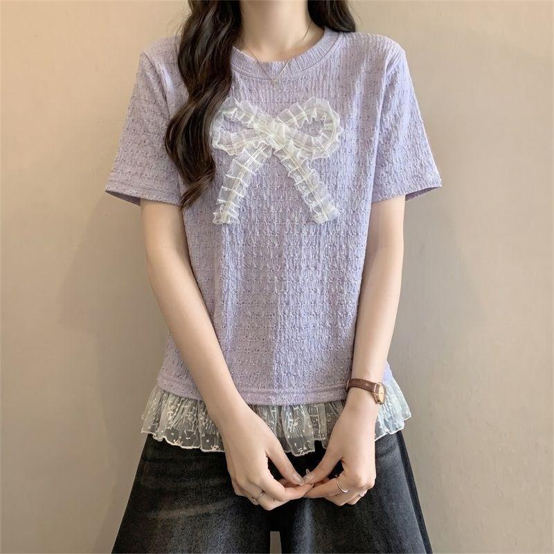 Fake Two Ruffled Women's T-shirts Lace Large Bow Pattern Round Neck Short Sleeved Tees Korean Style Summer New Version Loose Woman Top