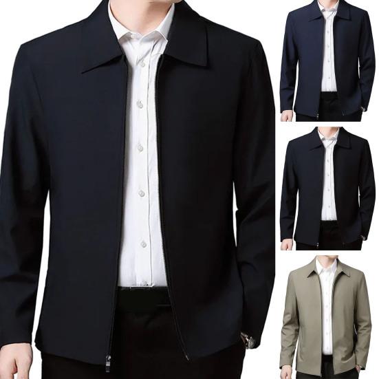 Men Jacket Lapel Solid Color Mid-aged Elderly Men Long Sleeve Zipper Closure Straight Formal Business Casual Soft Spring Fall Daily Coat