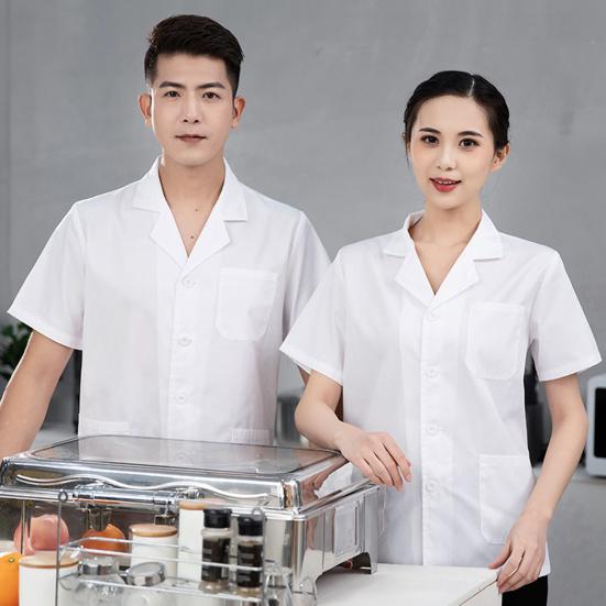 Unisex Chef Restaurant Jacket Lapel Short Sleeve Patch Pocket Chef Coat Men Women Single Breasted Kitchen Wear Waiter Bakery Uniform