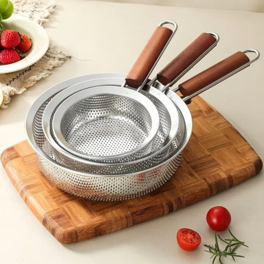 Multipurpose Fine Mesh Strainer Wooden Handle Stainless Steel Colander  For Kitchen Cooking