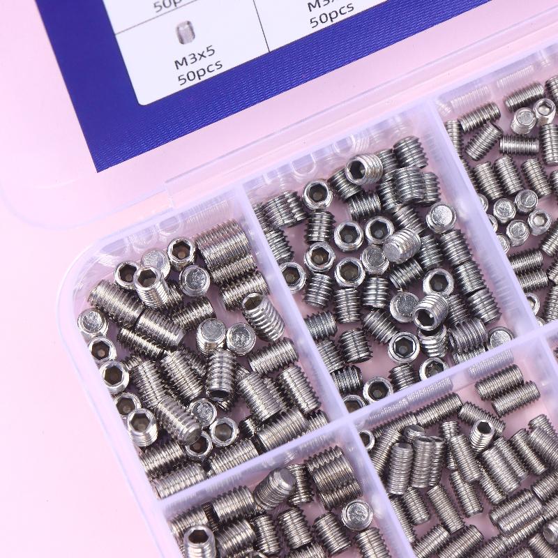 500pcs M2.5 M3 M4 DIN913 304 Stainless Steel Black Hex Hexagon Socket Allen Flat Point Grub Bolt Set Screw Kit Box