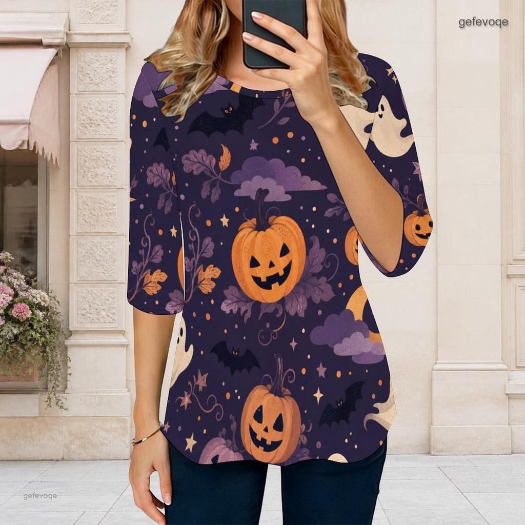 Women s Plus Size White Round Neck 3 4 Sleeve Halloween Ghost Pumpkin Printed Curved Hem T Shirt
