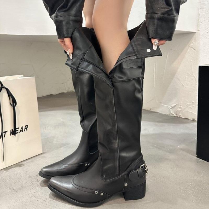 Fashion New Popular Shoes for Women  Knee High Boots Red Black White Tall Boots Woman Pleated Low Heel Casual Leather Female Long Shoes