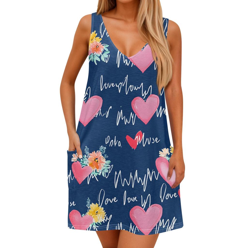 Women's Summer Casual Loose Floral Print Sleeveless Pocket Dress