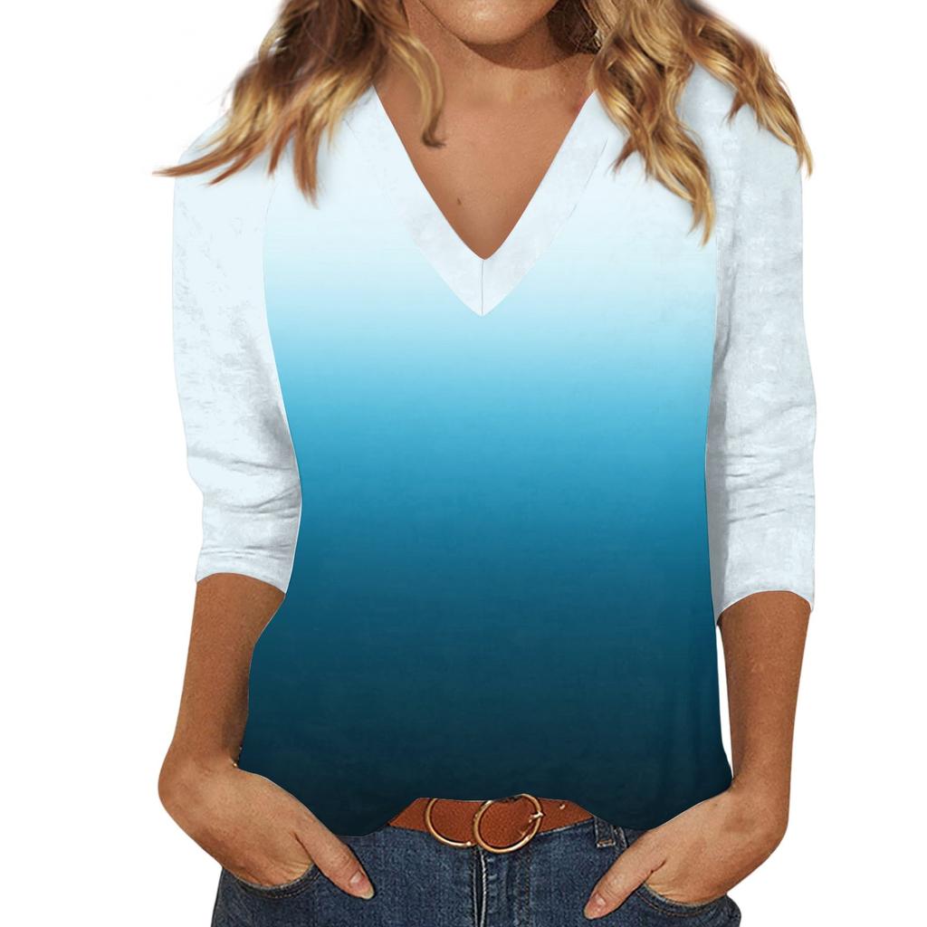 Women'S Casual And Fashionable Patchwork V-Neck Top With Seven Quarter Sleeves Top Women'S Summer Clothes Top Mujer