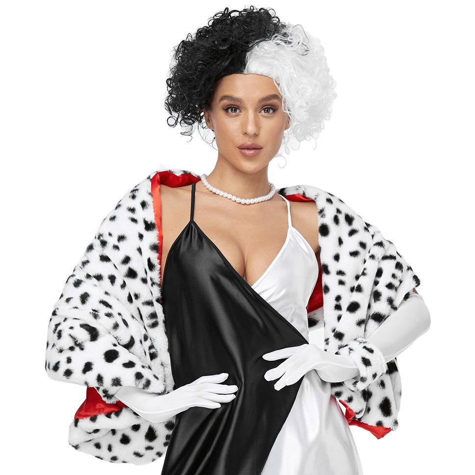 Cruella Costume for Women Halloween Dalmatian Cape Wig Chain Cami Dress Set Black White,One size fits all