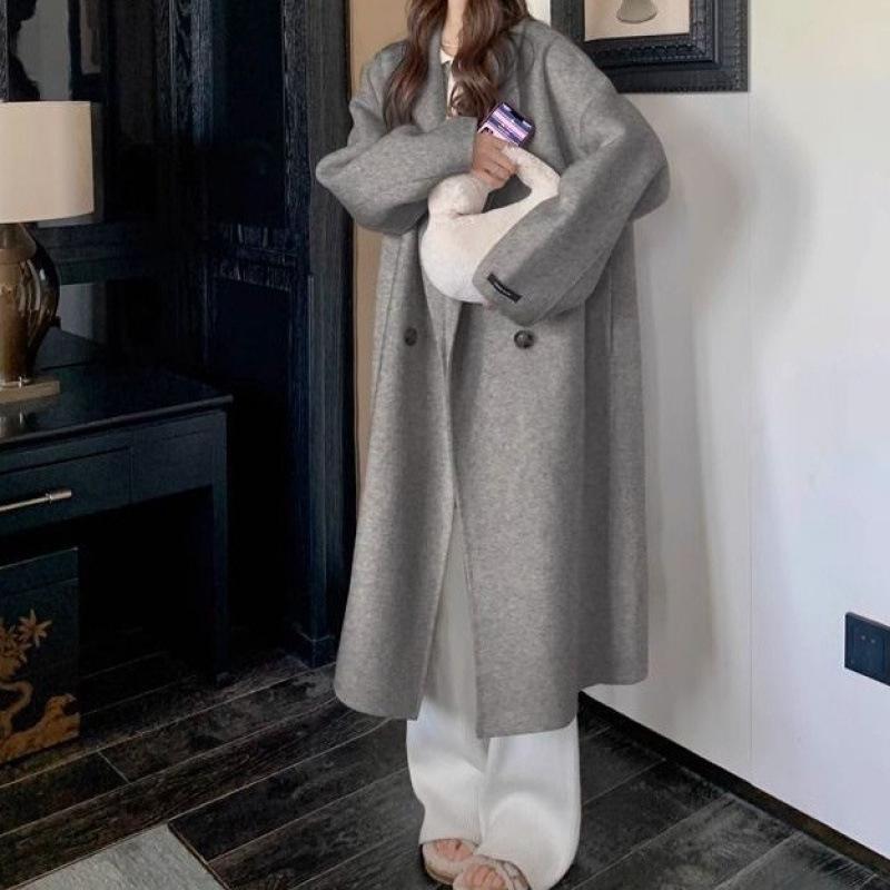 Pink Double-sided Woolen Coat Autumn and Winter Latest Korean Style Comfortable Fit Mid-length Woolen Coat for Women