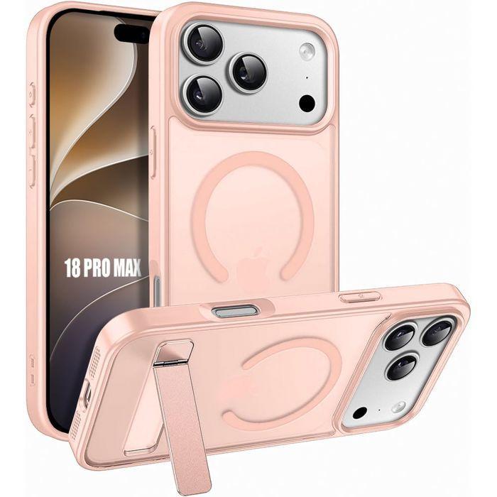 Coque pour iPhone 18 Pro Max, Antichoc Hybride avec Support et Anneau Magnétique - Rose