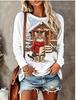 Women Long Sleeve T‑Shirt Christmas Rabbit With Scarf Winter Snow Scene Print Crew Neck Loose Casual Holiday Tops