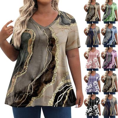 Γυναικείες μπλούζες Plus Size Σορτς μανίκια πουκάμισα V λαιμός casual ρούχα Ρούχα εμπριμέ μπλουζάκια Γυναικεία μπλουζάκια