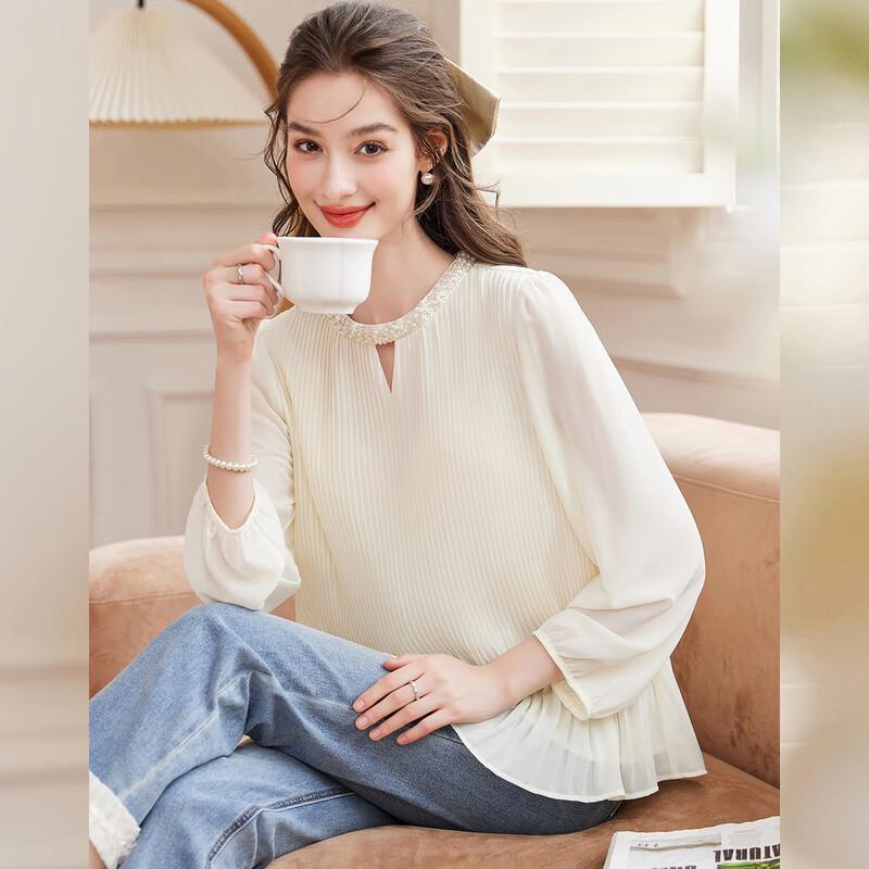 

Bailuyu Women s Solid Pleated Long-Sleeve Shirt M