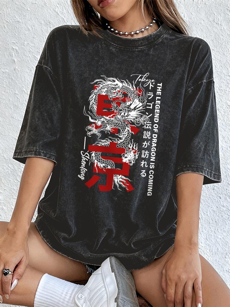 Tokyo Legend Of Dragon Cotton Washed TShirts Womens Summer Casual Oversized T Shirts Comfortable Distressed ONeck Streetwear
