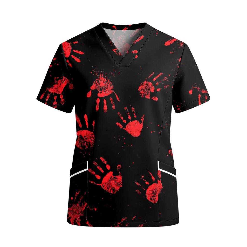 Women's Fashion V Neck Short Sleeve Work Shirt with Pockets Halloween Themed Print Top Suitable for Professional and Casual Wear