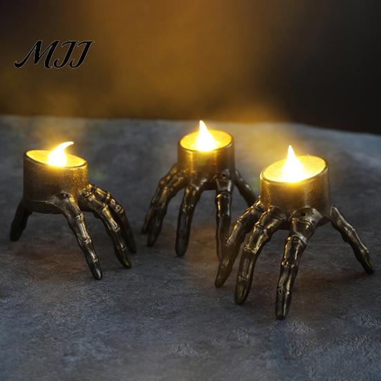 Spooky Home Decor Halloween Skeleton Hand Candle Light, Gothic Creepy Skull Hands Fake LED Prop for Haunted House Table Centerpiece, Entryway, House,