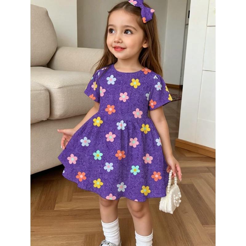 Cute Polka Dot Bow Dress for Girls Casual Short Sleeve Dress Comfortable Girls Clothes Summer Tops Children's Clothing
