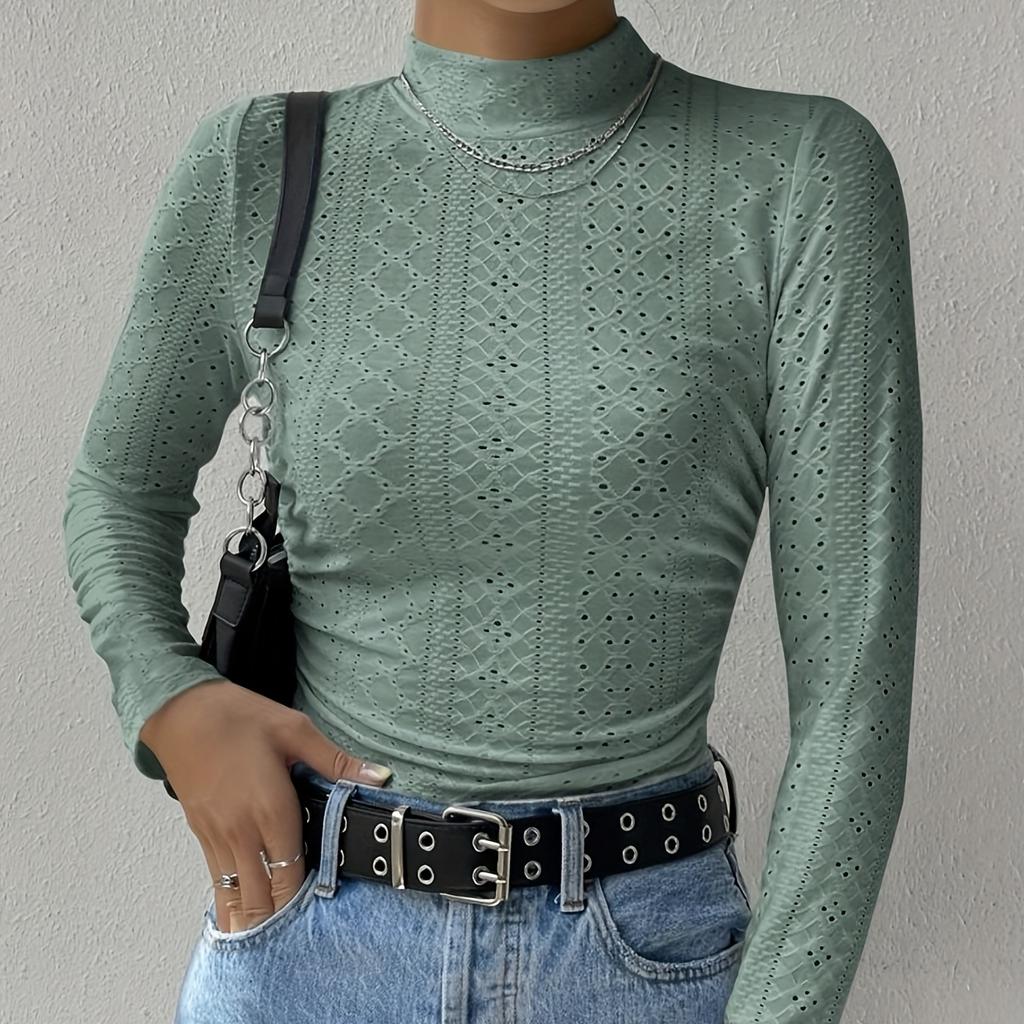 Tricou cu gât fals cu ochi solid, tricou elegant cu mânecă lungă pentru primăvară și toamnă, îmbrăcăminte pentru femei