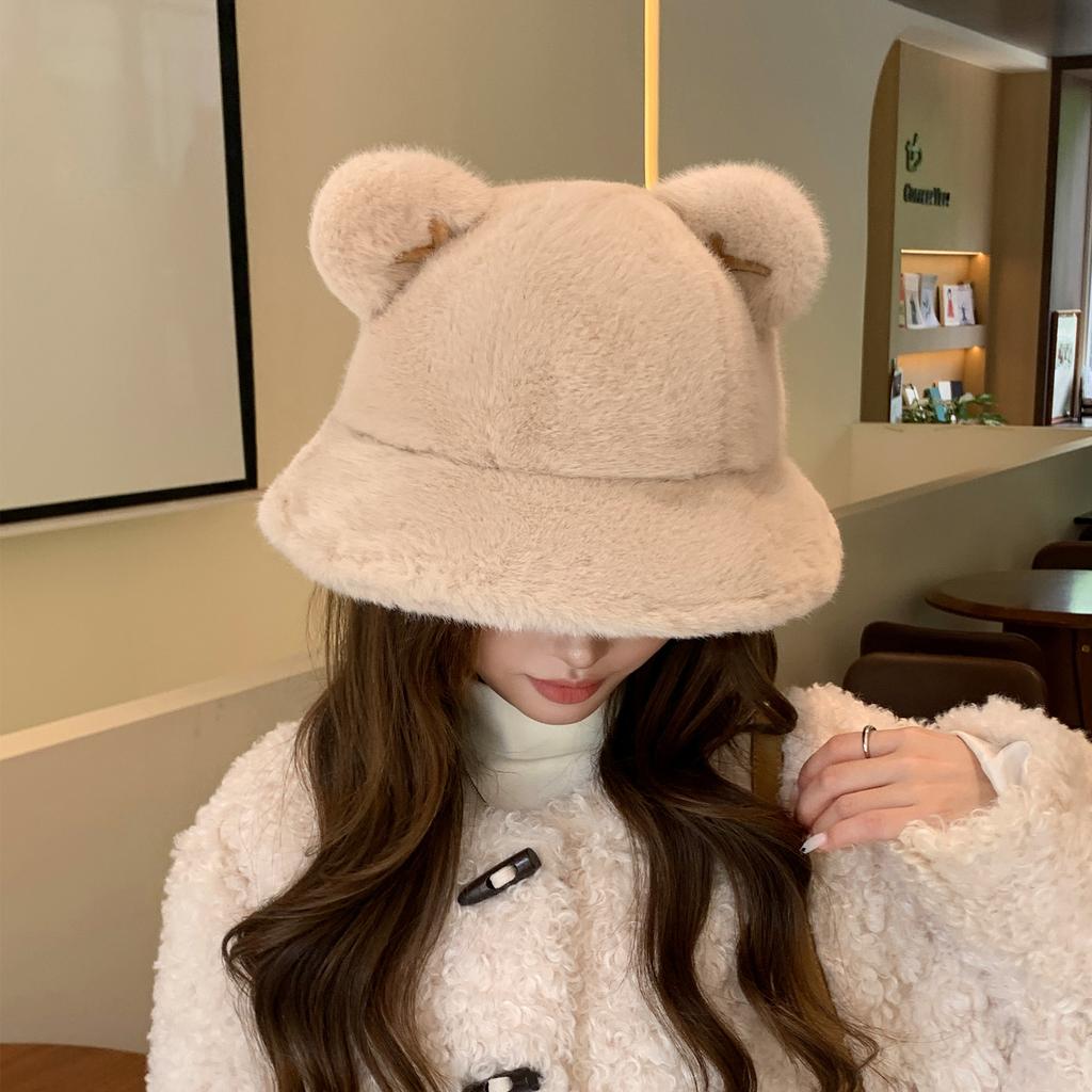 Cute Plush Ears Bucket Hat Women Winter Warm Faux Fur Basin Hat Fashion Casual Outdoor Fisherman Cap